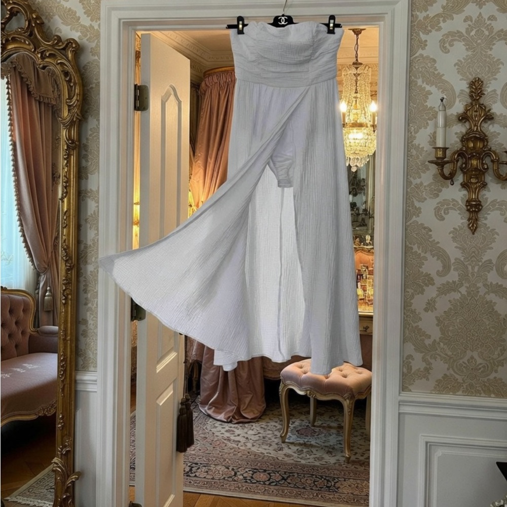 Hello Molly Strapless Bodice White Cotton Slit Maxi Bodysuit Dress S